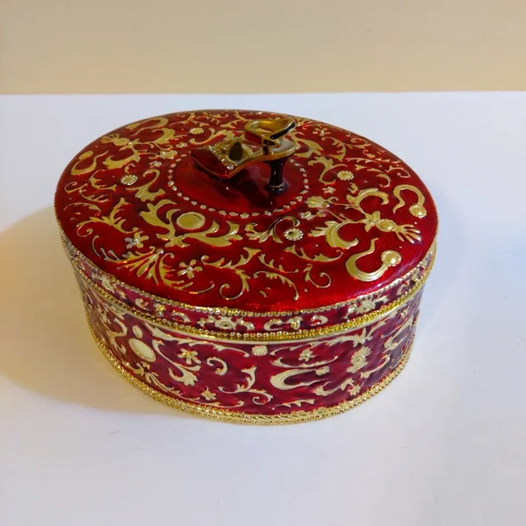 Vintage Red Gold Oval Jewelry Trinket Box With Shoe On Top Rococo Style …